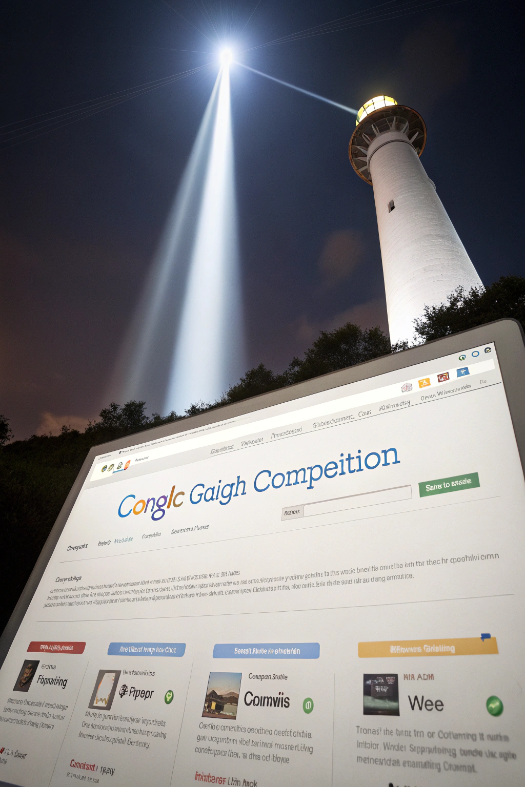 AI generated image by Red Panda AI: Bright light beam illuminating a competitor's successful website appearing in top Google search results