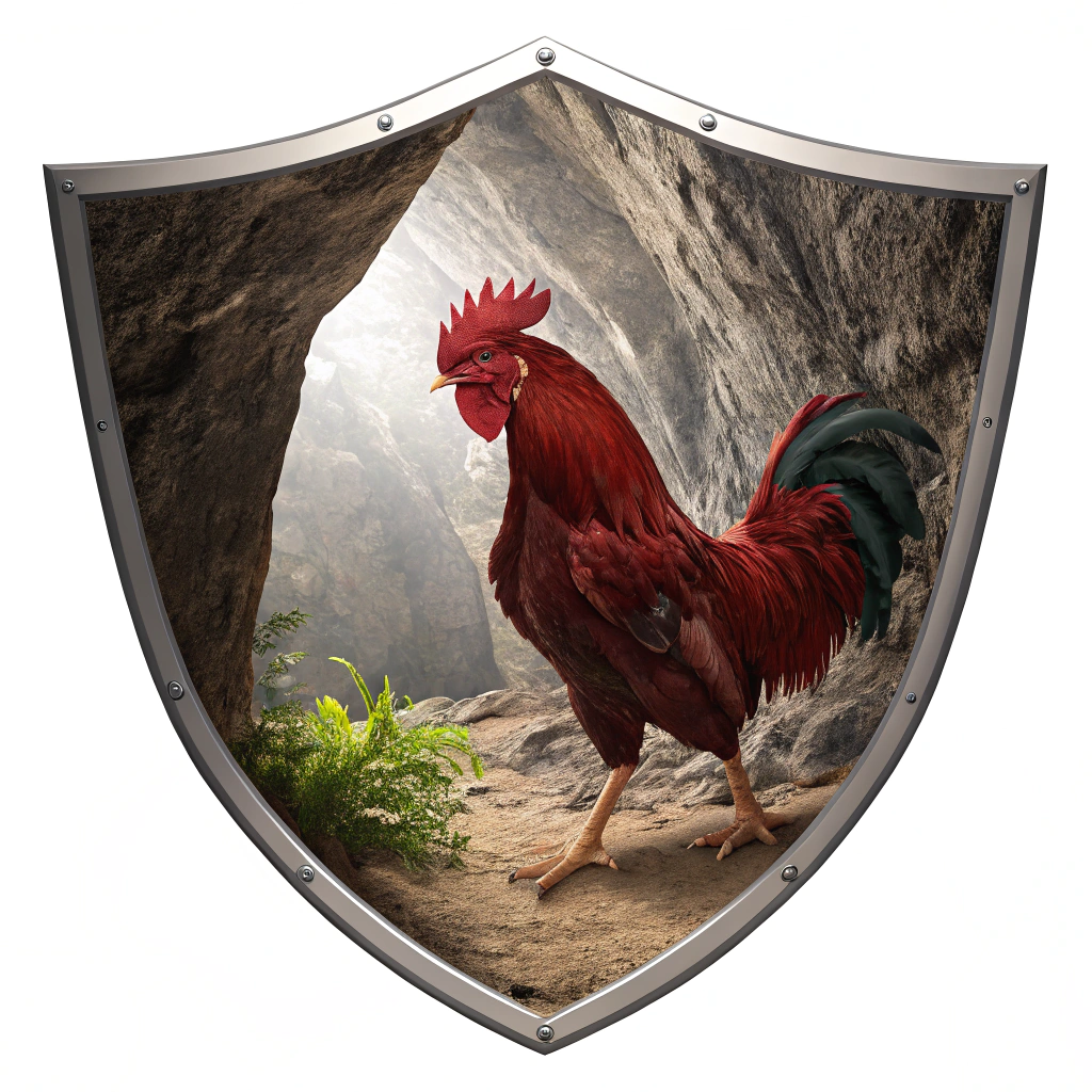 AI generated image by Red Panda AI: necesito que hagas un escudo realista que tengo como logo un gallo carmesí  con una cueva detrás de el 
