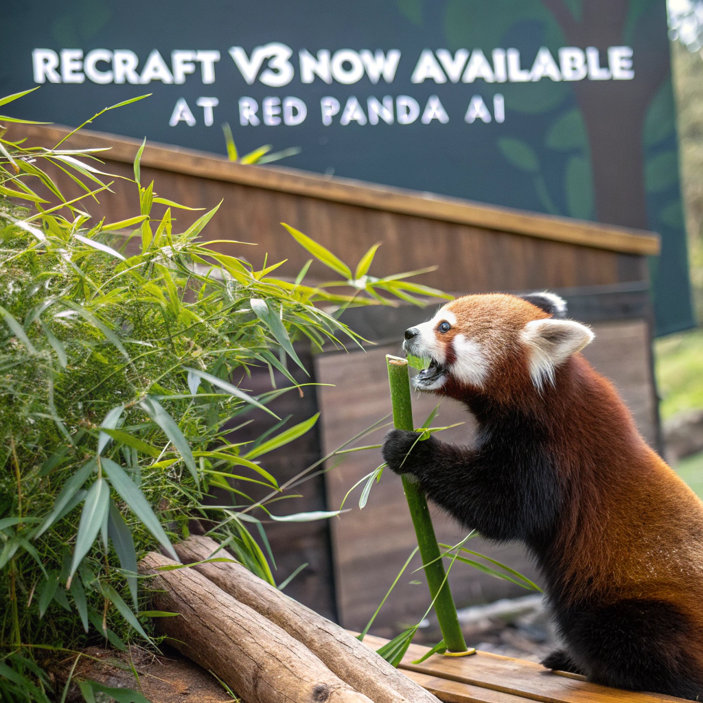 AI generated image by Red Panda AI: a red panda eating a bamboo in front of a poster that says "recraft V3 now available at red panda ai