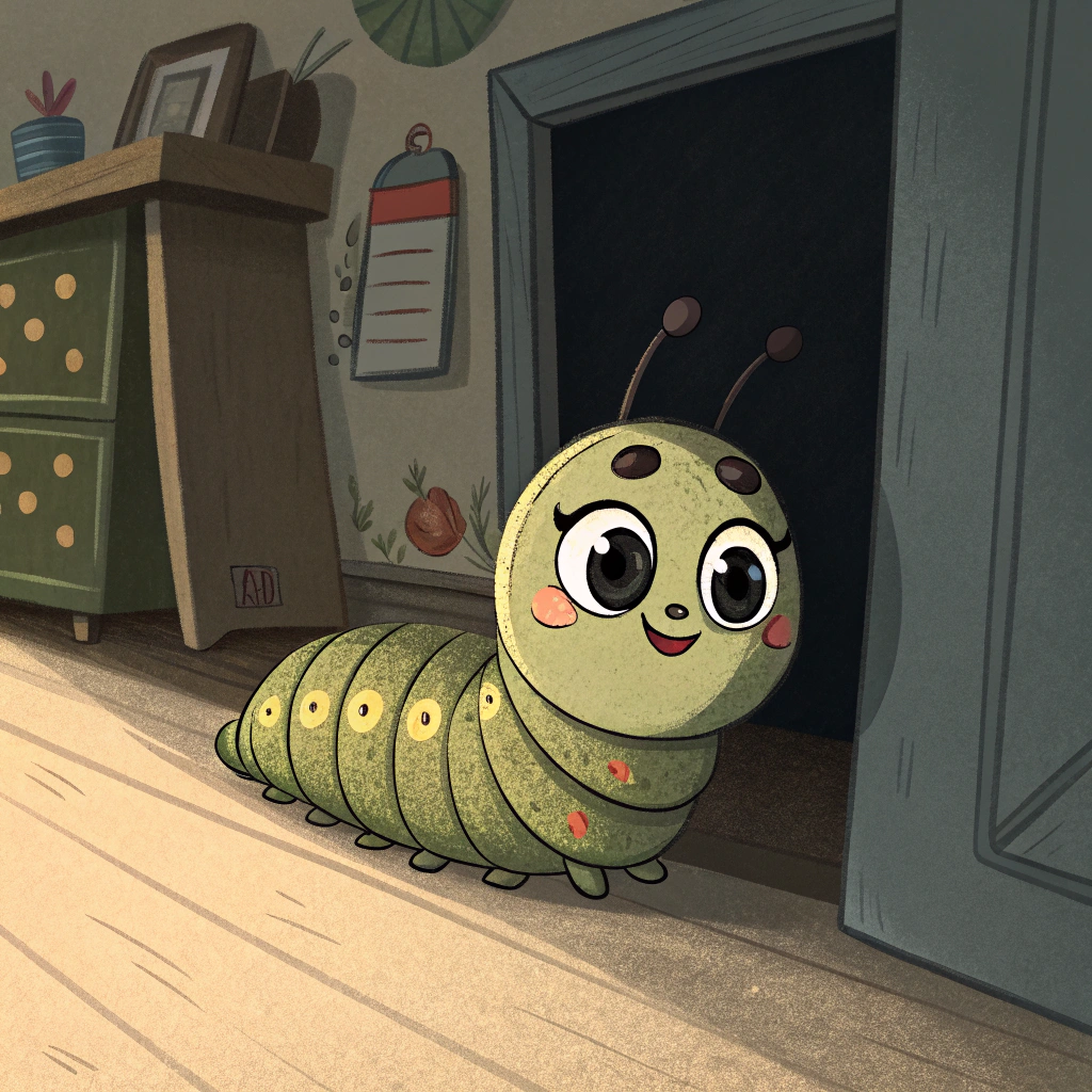 AI generated image by Red Panda AI: a miniature monster caterpillar hiding in a dark corner of a room. make the monster cute and tiny