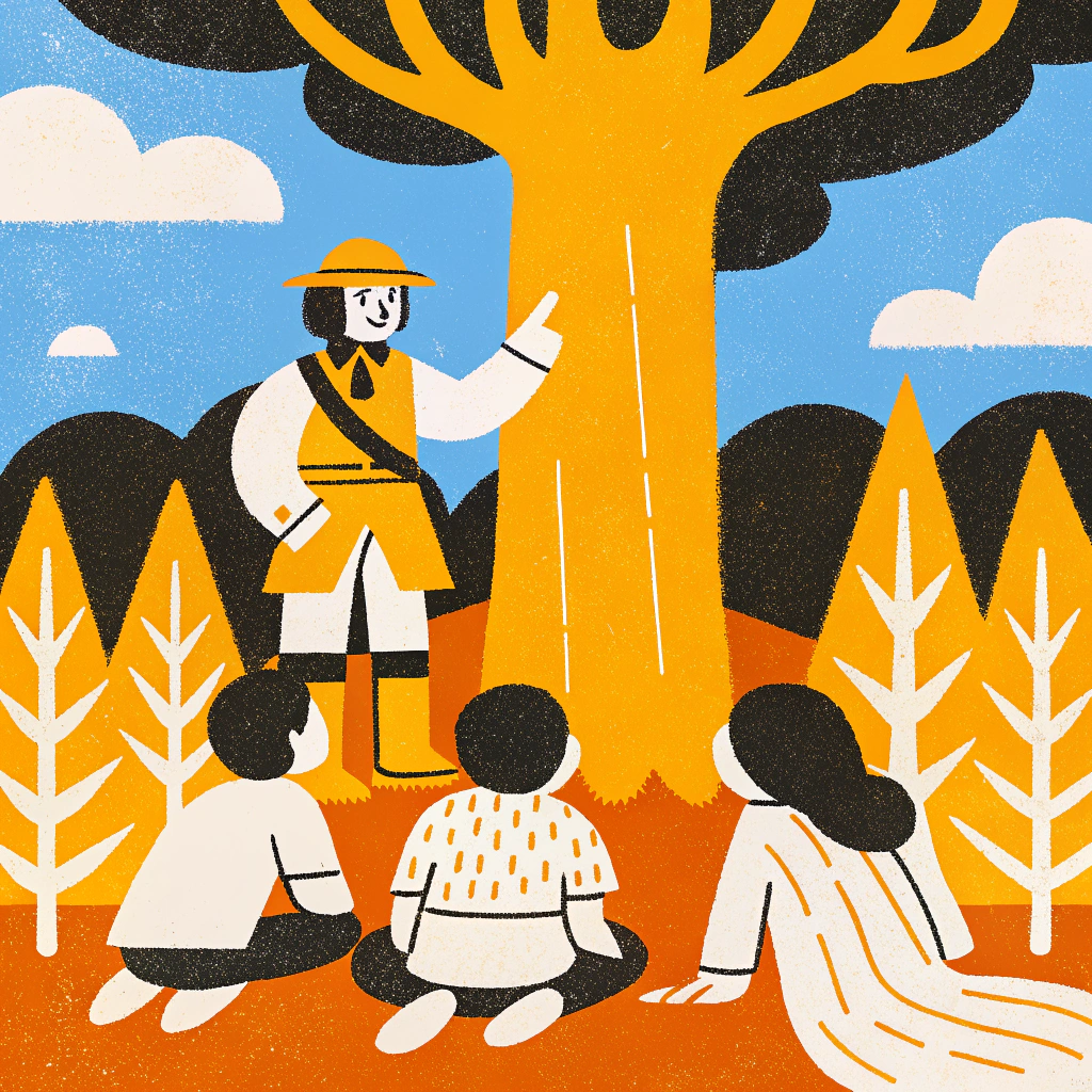 AI generated image by Red Panda AI: un profesor explorador contando un cuento a sus alumnos en un bosque 