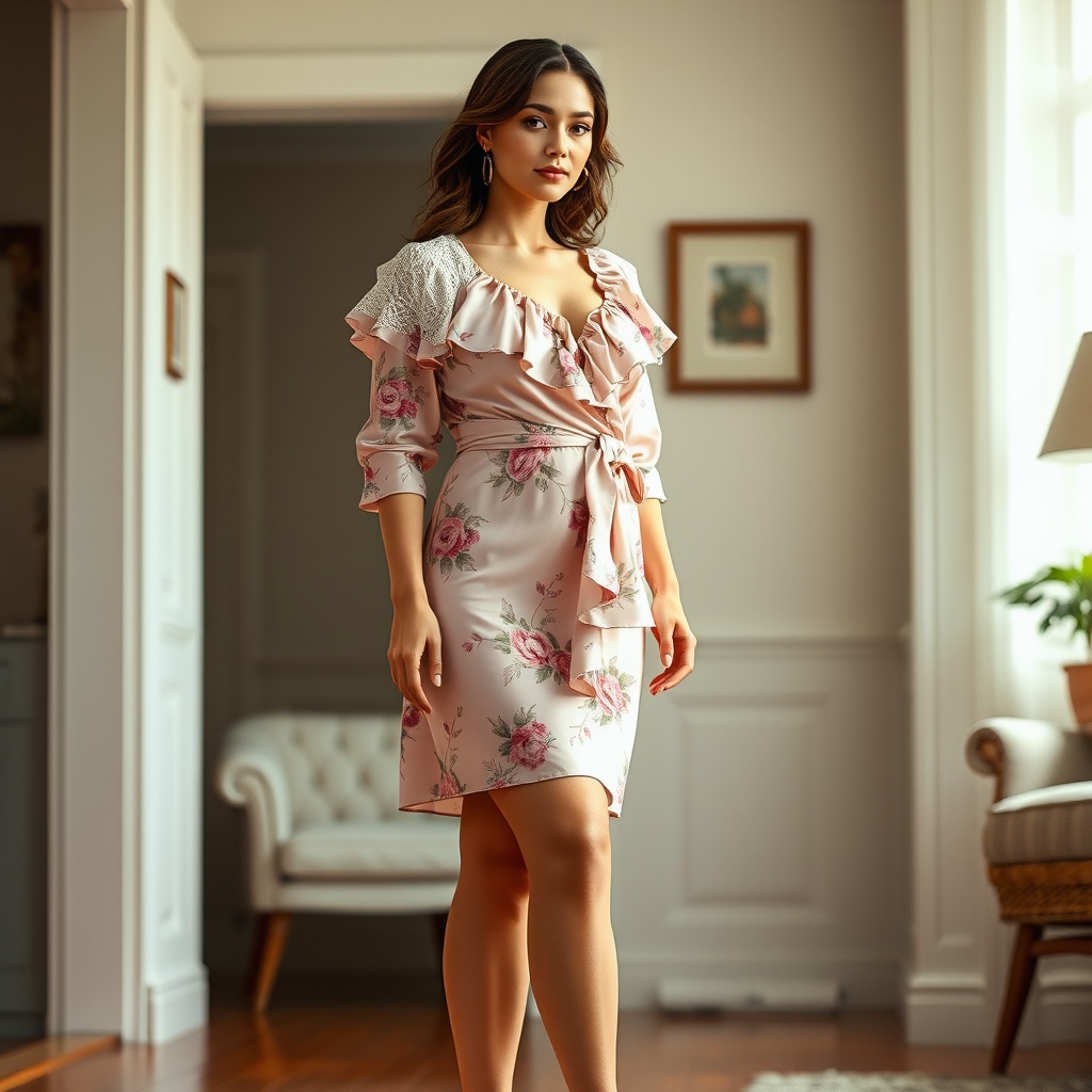 AI generated image by FLUX.1-schnell: A highly detailed, hyper realistic image depicting a full body view of a woman standing still inside her house. She is wearing a short light pink silk floral dress with a wrap design, three-quarter sleeves, and ruffles at the neckline and waist. The dress falls just below the knees, and she accessorizes with a white lace shawl, silver hoop earrings, and closed-toe high-heels.  Her hair is styled in loose waves, and her makeup is light and natural, enhancing her rosy cheeks and soft lips.  Her figure is curvaceous, with a large bust, narrow waist, and full hips. The pose is graceful, showcasing her figure to its best advantage. The lighting is soft and diffused, creating a warm and inviting atmosphere. The background is softly blurred, keeping the focus on the woman.  The overall style is that of a high-fashion photograph, with a strong emphasis on detail and texture, capturing the intricate details of the dress and the woman's features. The image is rendered with a hyper realistic style, emphasizing the subtle textures and nuances of the scene.  Full body view.