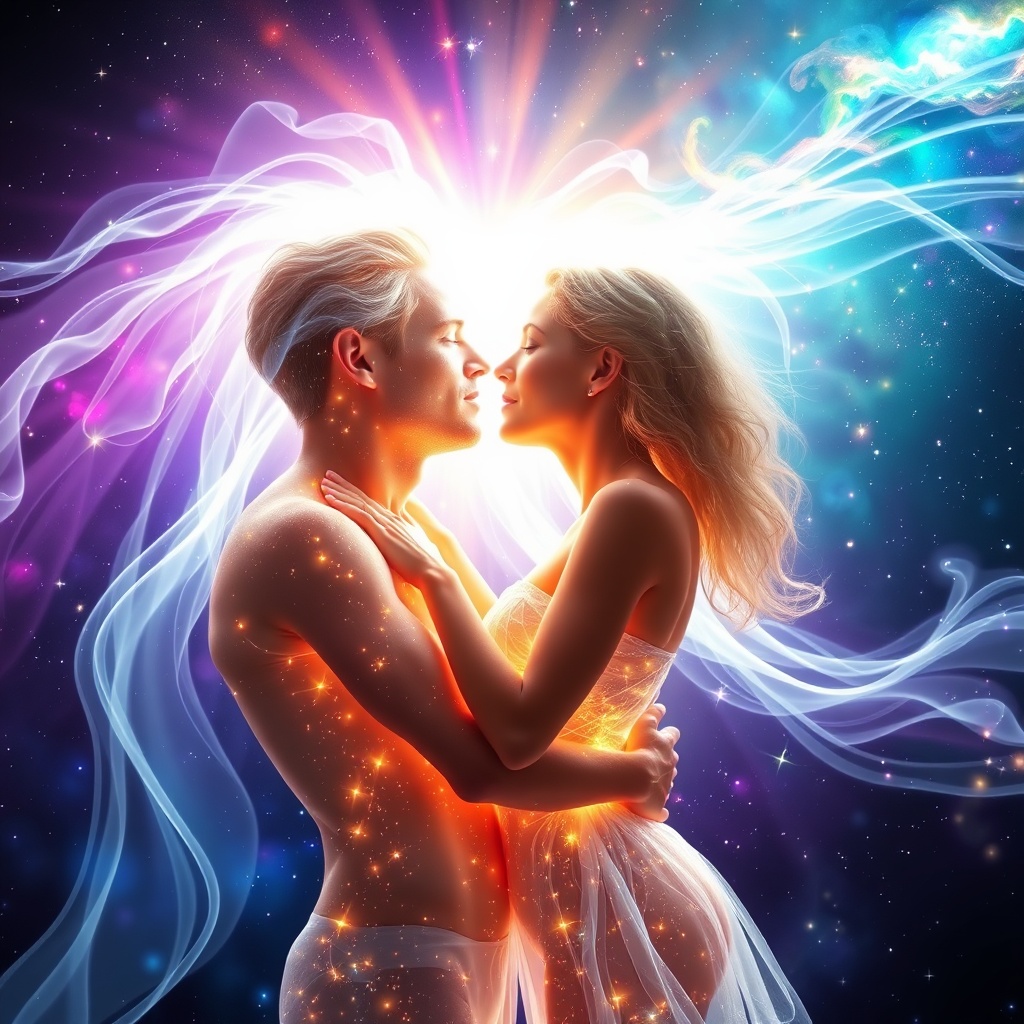 AI generated image by FLUX.1-schnell: a beautiful ethereal and colorful image of a man and a woman in the nude in an energetic form and shape, their bodies are composed of pure light, they face each other in deep space surrounded by stars, nebulas, energy waves of different colors, they embrace each other and their white  aura of  light becomes one large aura that surrounds the outside of their bodies, from the white aura there are beautiful and colorufl rays of light shooting outward  in to space, their bodies come together and their lips touch in a kiss