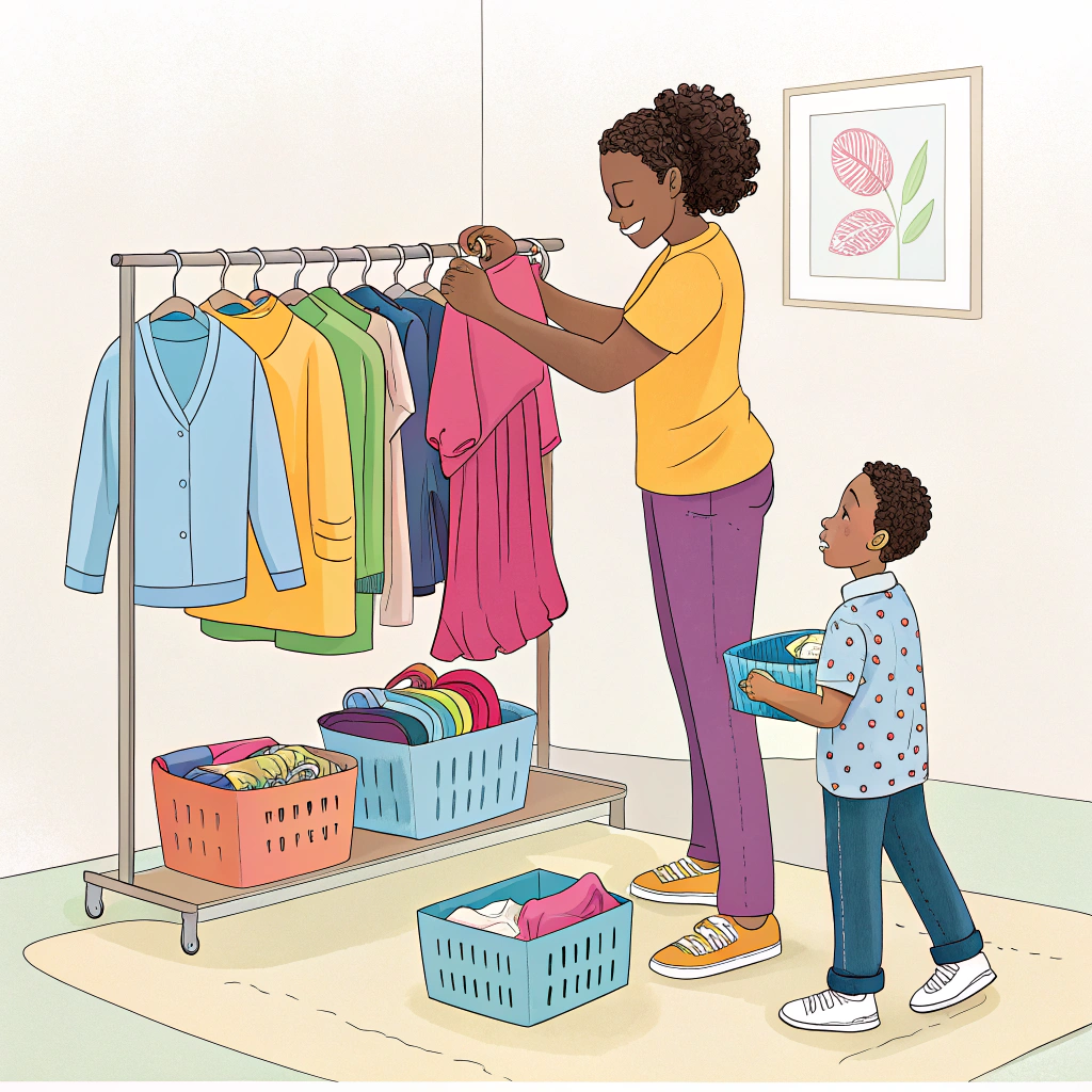 AI generated image by Red Panda AI: Ilustración digital realista de la escena: Yo ordene mi ropa en la casa.. Estilo educativo, colores claros, fondo limpio, ideal para personas sordas que interpretan en lengua de señas.
