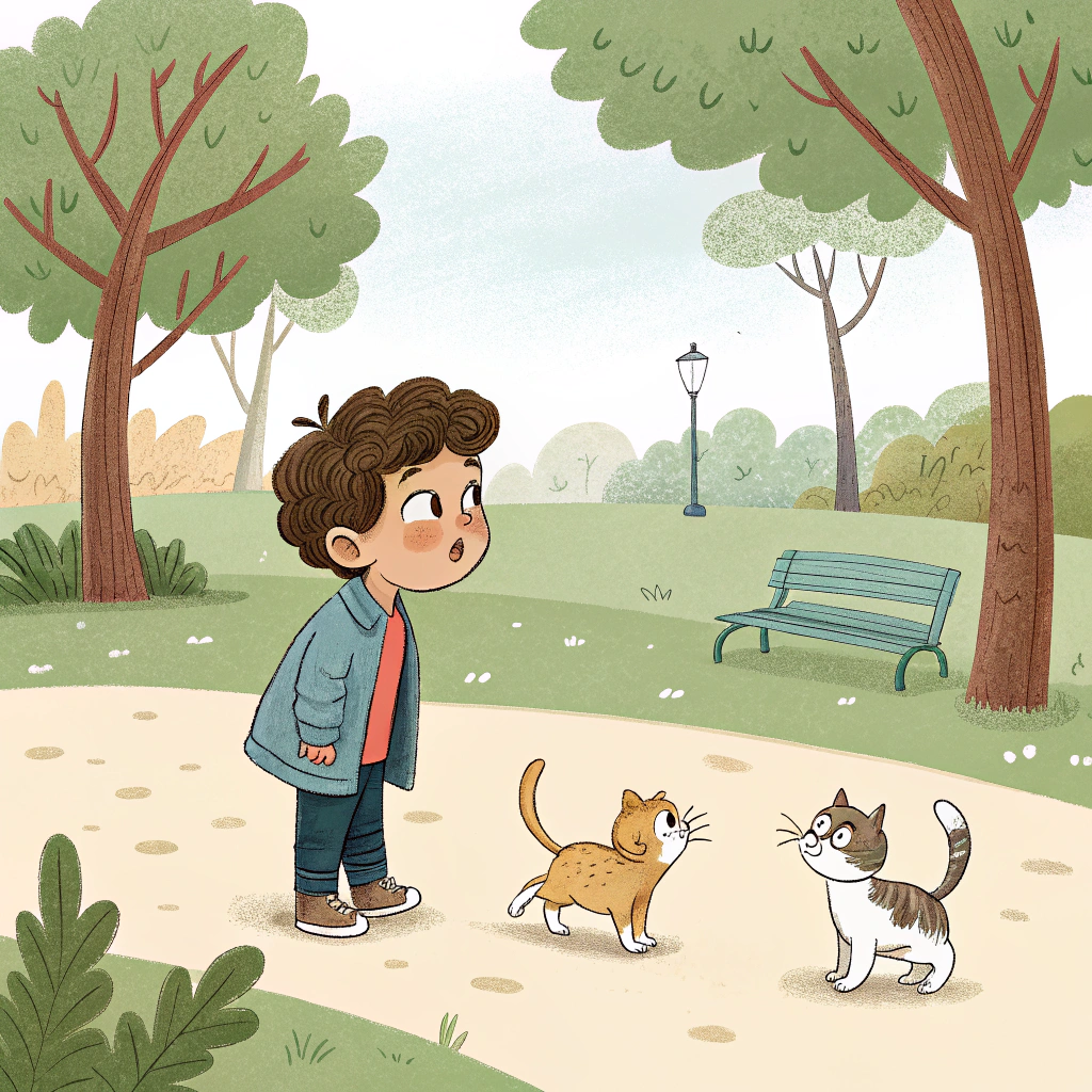 AI generated image by Red Panda AI: a 3 years old persian boy ,in a park in tehran looking at playing cats