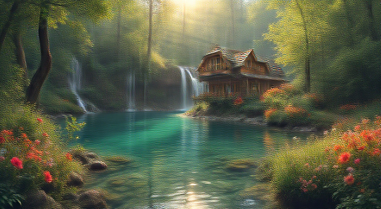 AI generated image by FLUX.1-pro: A wooden house in the forest, surrounded by colorful flowers and green trees, with waterfalls flowing from it into an emerald lake. The sun shines through lush foliage, creating a warm atmosphere. A dreamy scene that is perfect for peaceful moments of relaxation or contemplation.