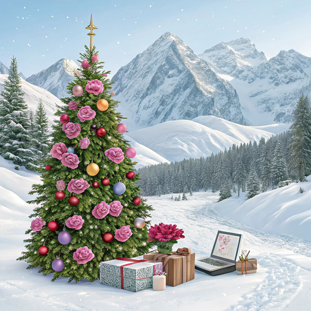 AI generated image by Red Panda AI: Generate a Christmas greeting card for clients of an accounting office in the colors of roses and lilac. There should be a nice big Christmas tree with lots of baubles and presents and an accounting thread computer files, documents. Without any text. It would be best if it looked like a natural photo taken somewhere in the mountains, with snow, with lots of colors winter mountains, beautiful Christmas tree, snow