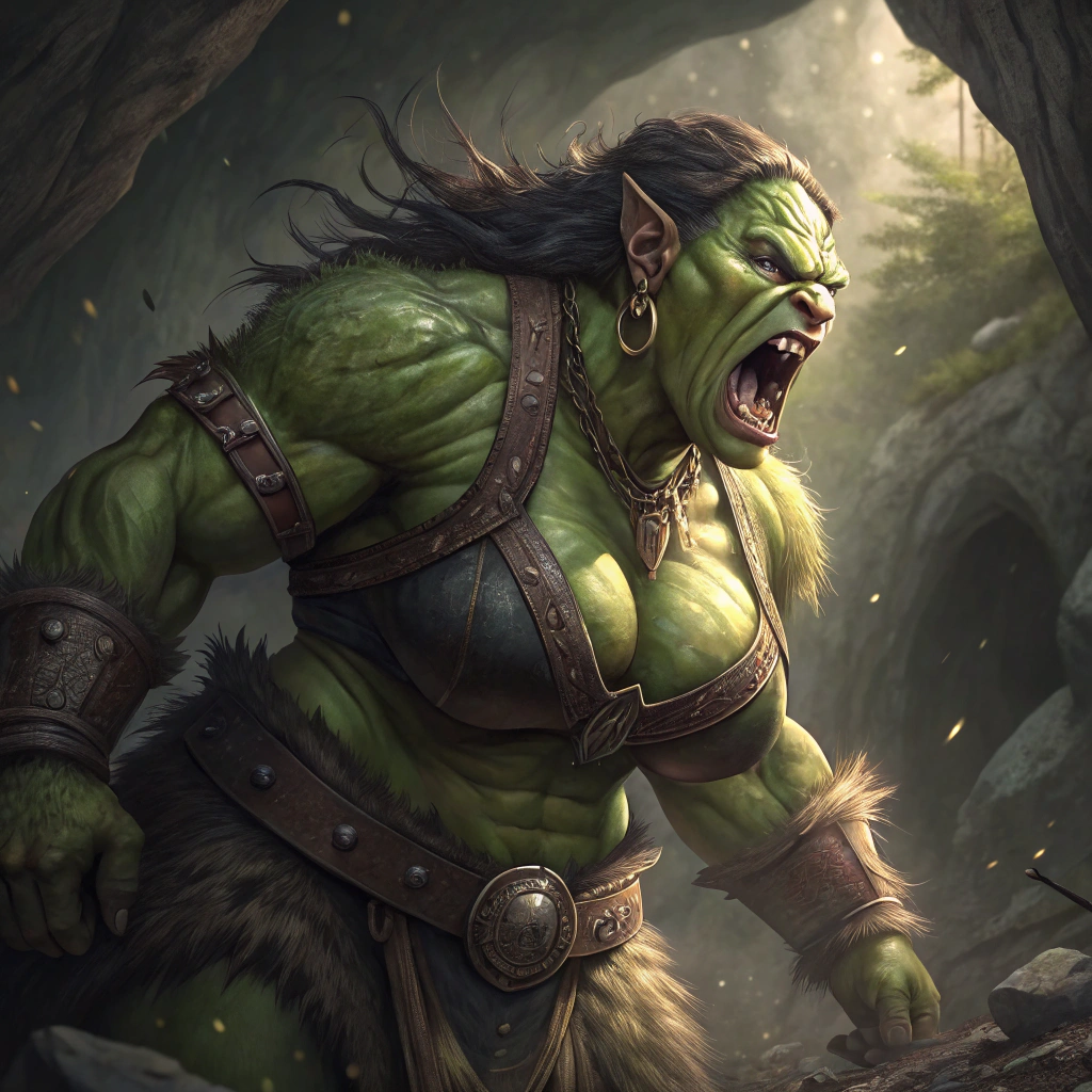 AI generated image by Red Panda AI: A large and muscular green skinned orc woman woman farts 