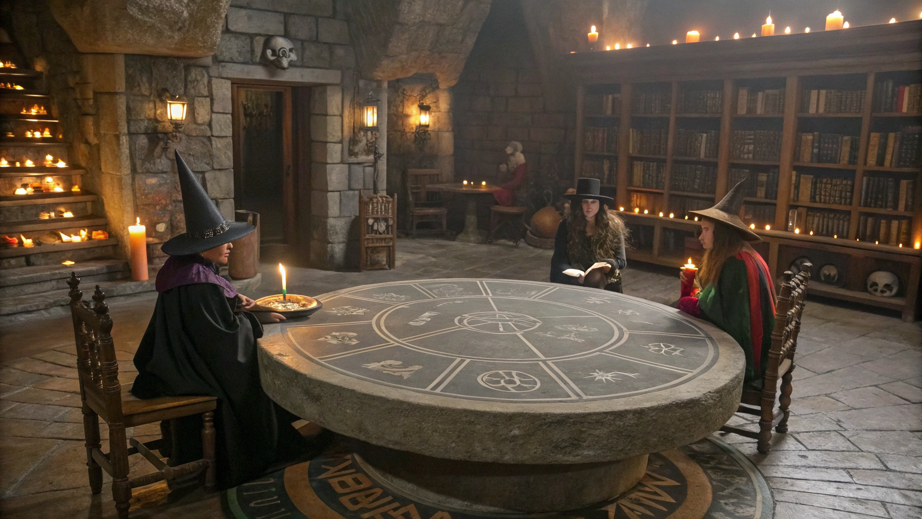 AI generated image by Red Panda AI: Inside a vast, dimly lit cavern, a large round stone table sits at the center, engraved with glowing mystical symbols. Around it, witches and wizards in unique outfits—some with pointy hats, others in elaborate robes and with staffs—gather in ornately carved chairs. Nearby, brooms rest against the walls. The room is filled with eerie details: glowing jack-o'-lanterns, bubbling potions, and ancient spell books on shelves carved into the stone. Candles flicker, casting a haunting glow over the faces of the group. At the center of the table, a tall wizard holds an ancient tome, its glowing runes rising into the air as he opens it. Shelves around the room are filled with herbs, potions, and magical trinkets, filling the air with the scent of enchanted plants. The atmosphere is both grand and ominous.