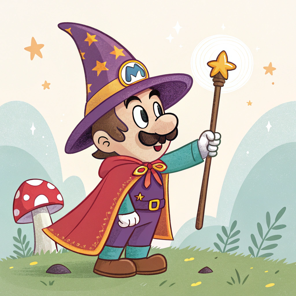 AI generated image by Red Panda AI: Mario usando vestimenta de mago e usando chapeu de mago