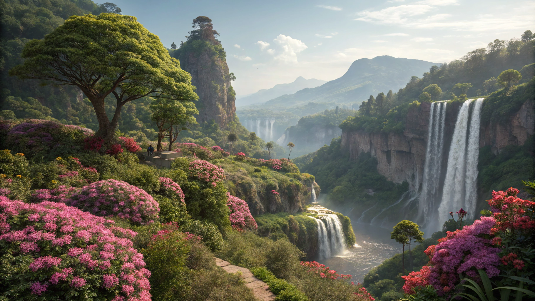 AI generated image by Red Panda AI: best quality uhd photo realism of a wonderful alien landscape on an other planet,with waterfalls and lush greeneries and beautiful flowering bushes,and threes,in a bird eye view