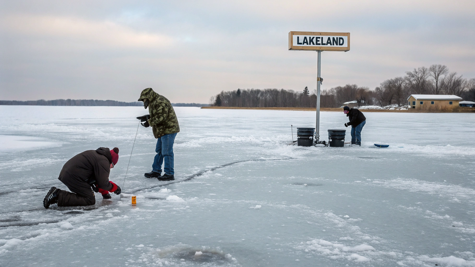 AI generated image by Red Panda AI: ice fishing near sign that says "Lakeland"