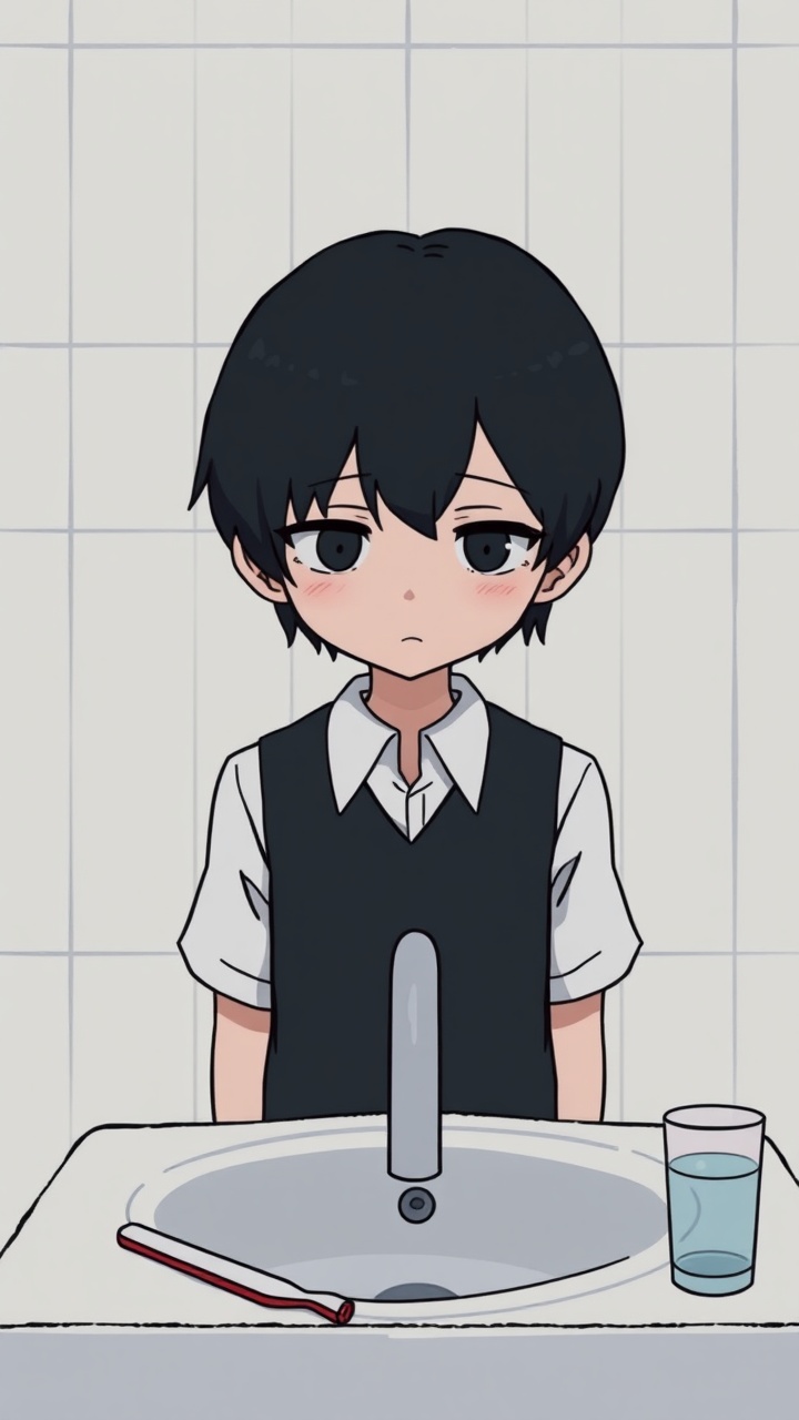 AI generated image by FLUX.1-schnell: Omocat's omori game artstyle, The image depicts a young person standing behind a bathroom sink, their expression somber. Their dark hair is neatly styled, and they are dressed in a white shirt with a dark vest. The tiled walls behind them are plain and featureless, creating a sense of isolation. The only other elements in the scene are a toothbrush and a glass on the counter, suggesting a routine that the individual may find difficult to engage in. The overall mood of the image is melancholic, hinting at a sense of loneliness or sadness. The subdued colors and minimalist composition further contribute to the somber atmosphere.  The image leaves room for interpretation, inviting viewers to consider the inner thoughts and feelings of the subject.