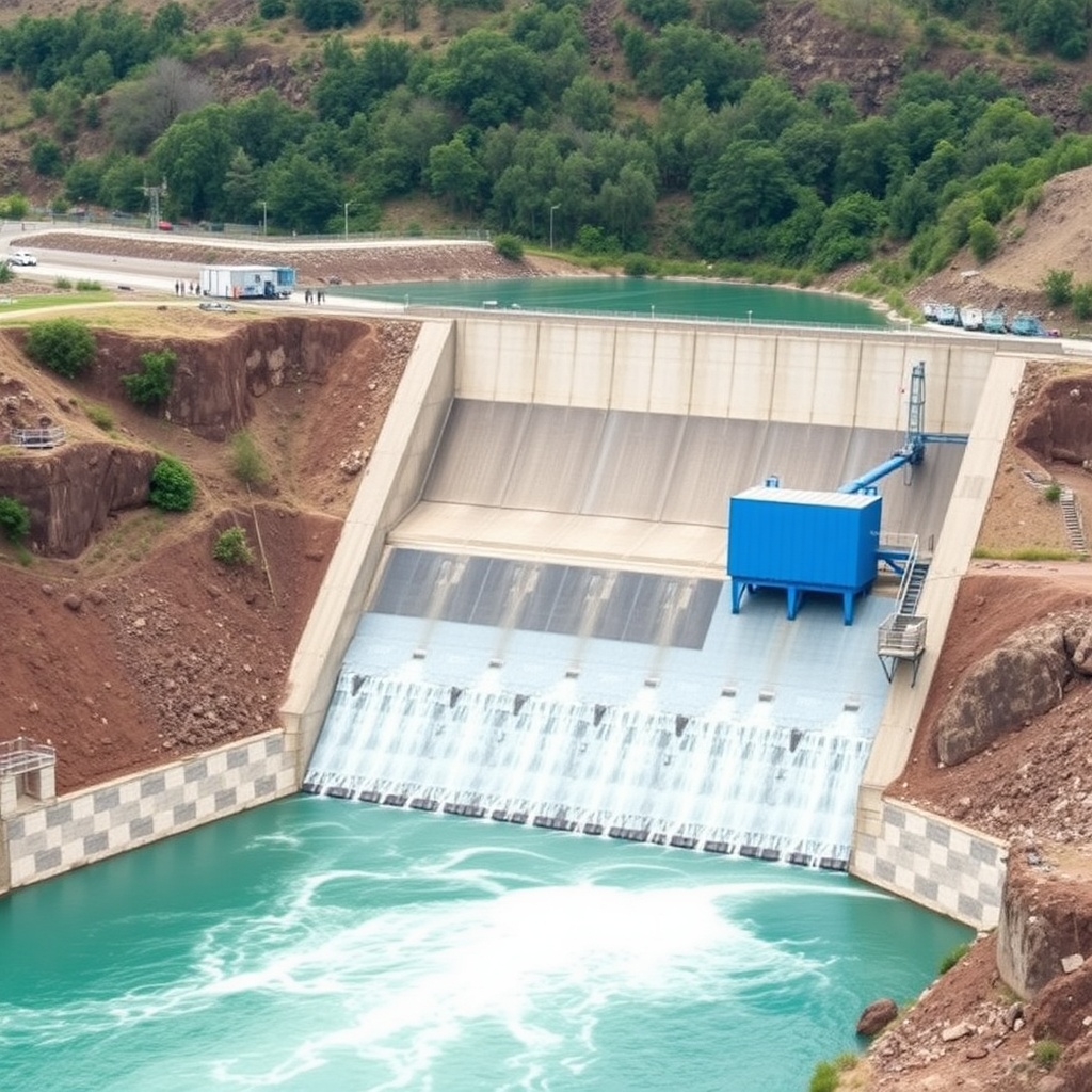 AI generated image by FLUX.1-schnell:  large scale earthfilling dam with blue equipments