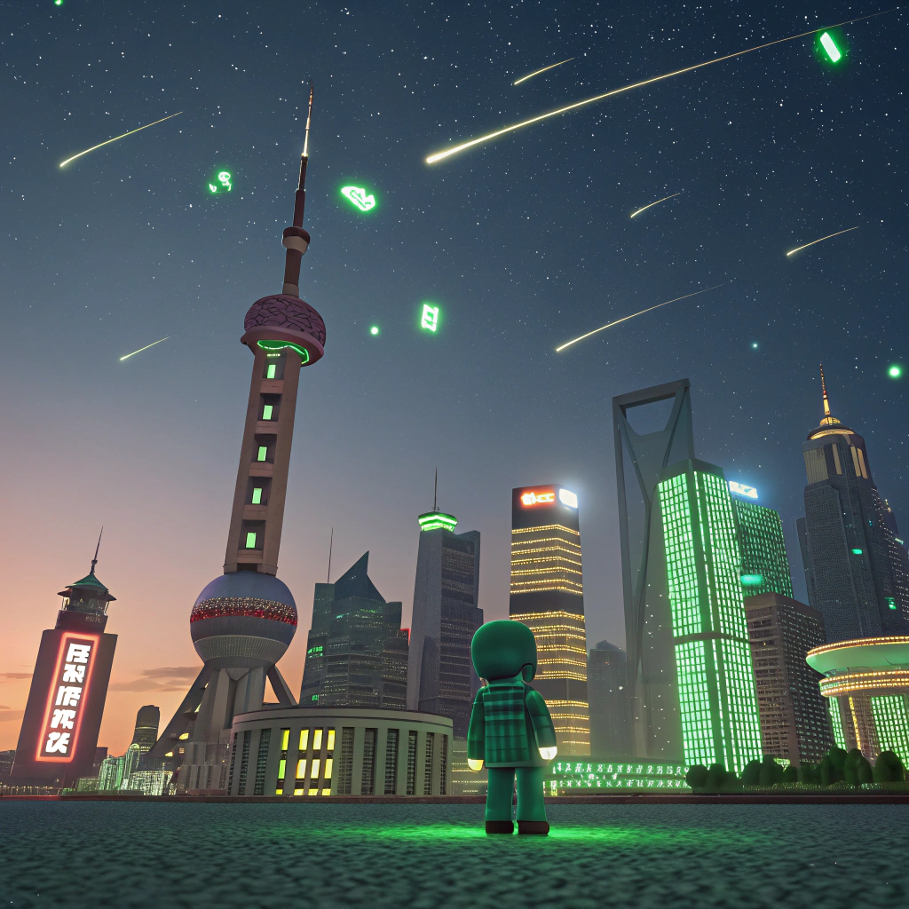 AI generated image by Red Panda AI: A magical night scene over a voxel-style cityscape resembling Shanghai, with iconic voxel buildings like the Oriental Pearl Tower in the background. The dark, starry sky is lit by a gentle, dreamlike meteor shower, with soft meteors streaking gracefully across. Scattered on the ground are glowing, collectible energy fragments resembling shimmering game particles, each fragment pulsing with vibrant green light, inviting the viewer to pick them up. In the foreground, a voxel-style 'Light Traveler' character stands, dressed in futuristic attire, gazing up at the meteor shower with awe. The scene blends wonder, adventure, and a sense of fantasy in a pixelated art style.