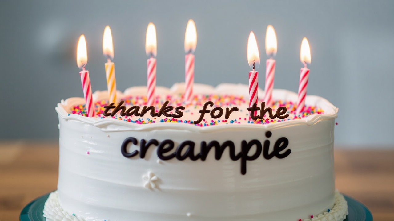 AI generated image by FLUX.1-schnell: Birthday cake with candles saying “thanks for the creampie”