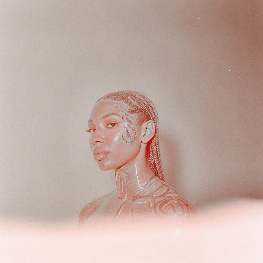 AI generated image by FLUX.1-schnell: A dreamy portrait of a cybernetic woman rendered in the style of a Polaroid emulsion lift, with textured edges and artistic distortions --ar 3:2 --style raw 