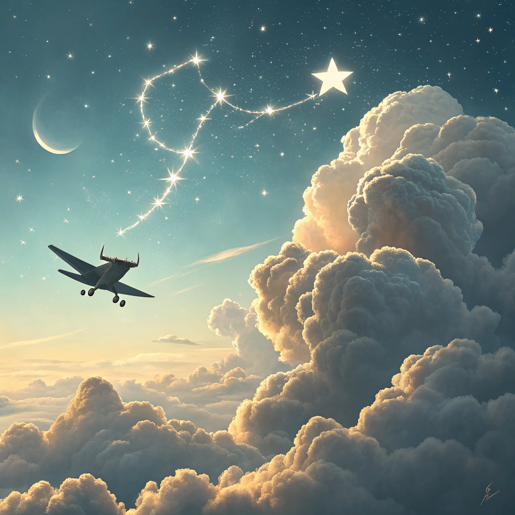 AI generated image by Red Panda AI: 飛機飛過，雲朵變成金牛座的樣子
