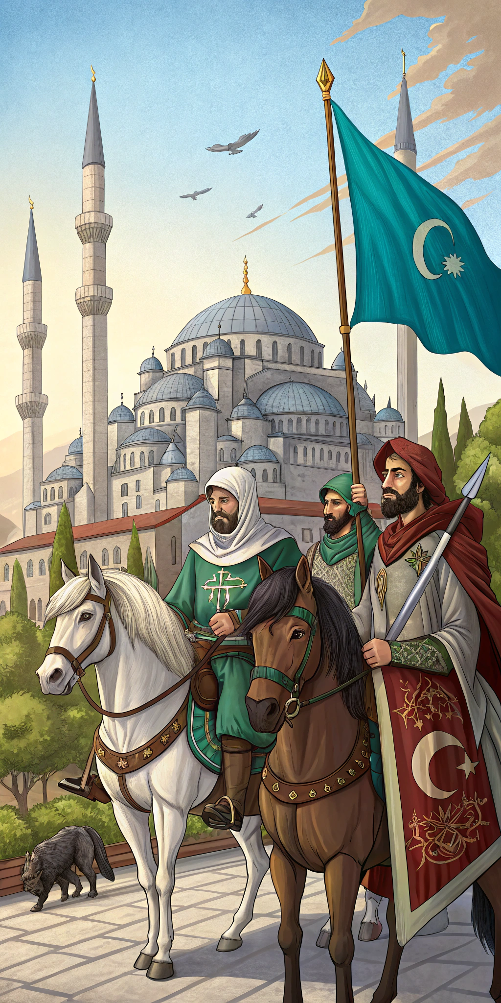 AI generated image by Red Panda AI: Draw a trio Turkish cavalier from middle ages one is white skin in the middle an other two cavaliers are little bit darker and twins like, background is Turkish city and mosque. put a flag with green wolf head and flag is background is blue