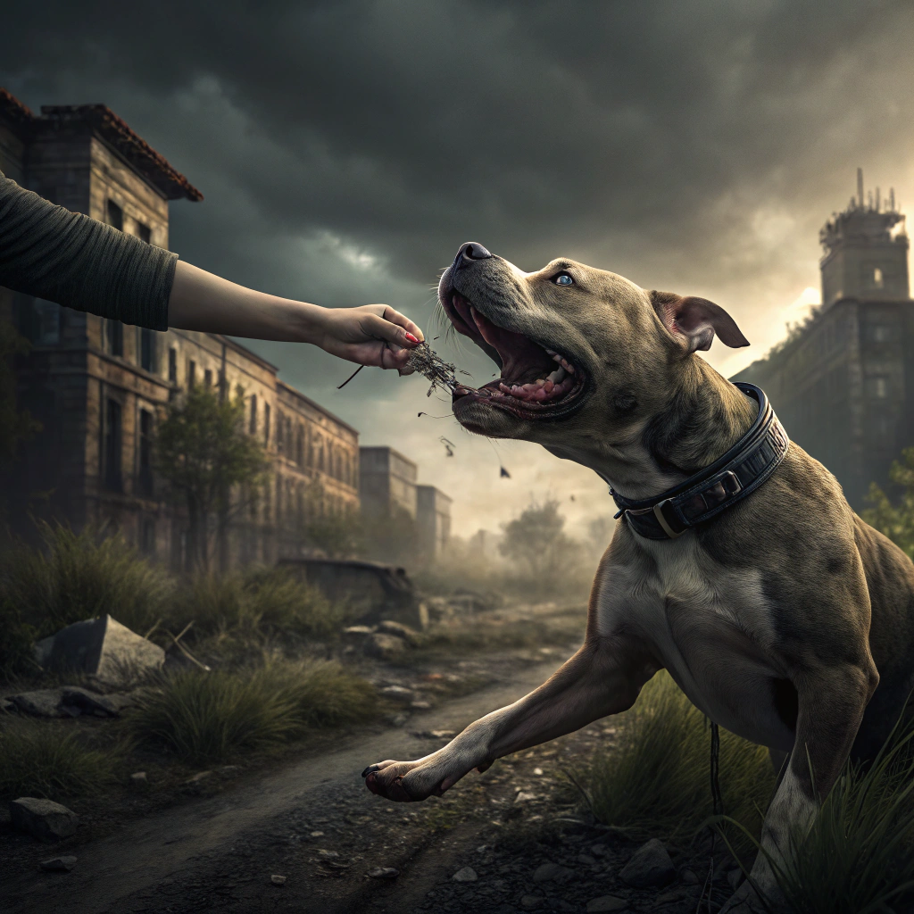 AI generated image by Red Panda AI: staffordshire bull terrier playing with the human hand in post-apocalyptic world
