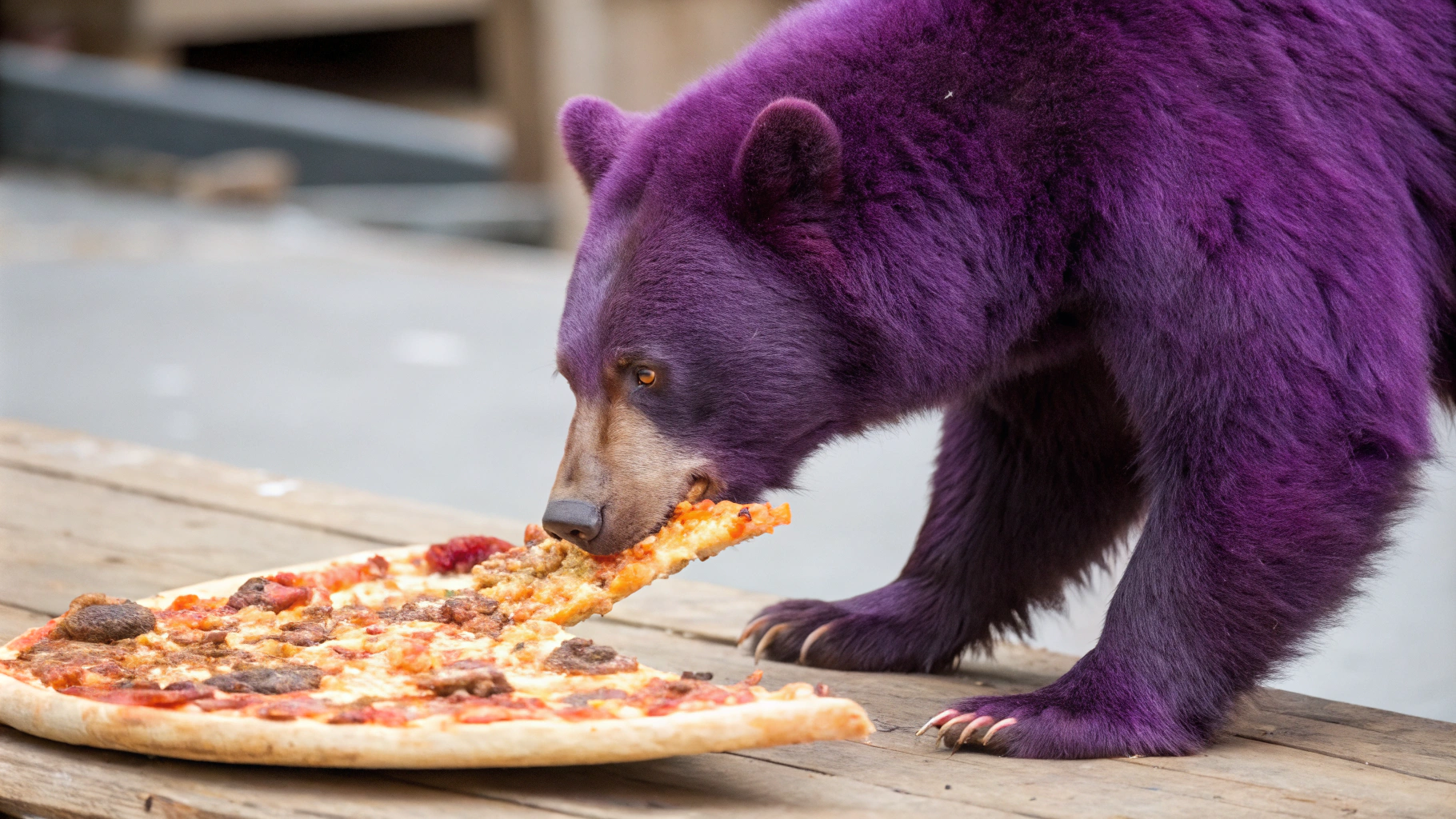 AI generated image by Red Panda AI: purple bear eats a meat-lovers pizza slice