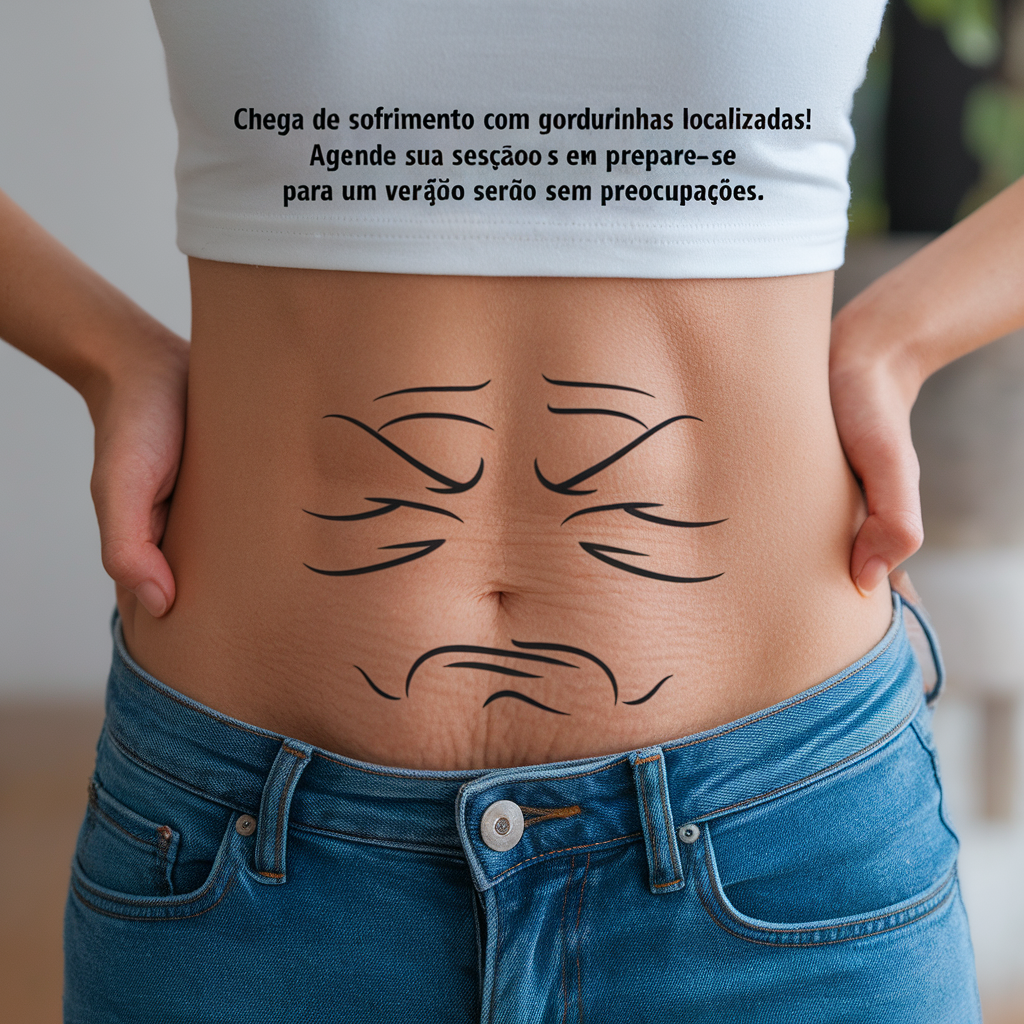 AI generated image by ideogram 2.0: Uma barriga com uma expressão de cansaço e estresse desenhada com pregas de tecido, como se estivesse "esmagada".
Texto: "Chega de sofrimento com gordurinhas localizadas! Agende sua sessão e prepare-se para um verão sem preocupações."