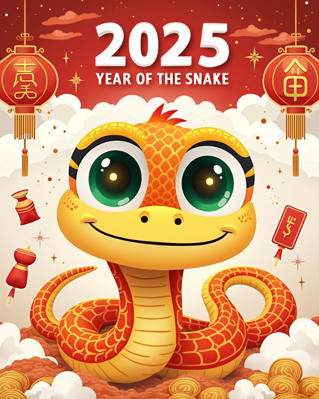 AI generated image by FLUX.1-pro: a cheerful and colorful design celebrating the Year of the Snake for 2025. The central focus is a cartoon-style snake with orange and yellow scales, large sparkling green eyes, and a friendly smile, giving it a cute and approachable look.

The background includes traditional Chinese New Year elements, such as red lanterns, gold coins, red envelopes, and a money pouch, all symbols of good luck and prosperity. White clouds and small golden sparkles add to the festive atmosphere. The text “2025” is prominently displayed at the top in bold white font, while “YEAR OF THE SNAKE” is written below in a stylized, blocky font, also in white.

The design is playful and vibrant, appealing to families and younger audiences celebrating the Lunar New Year with a modern, lighthearted twist. Isolated white background 