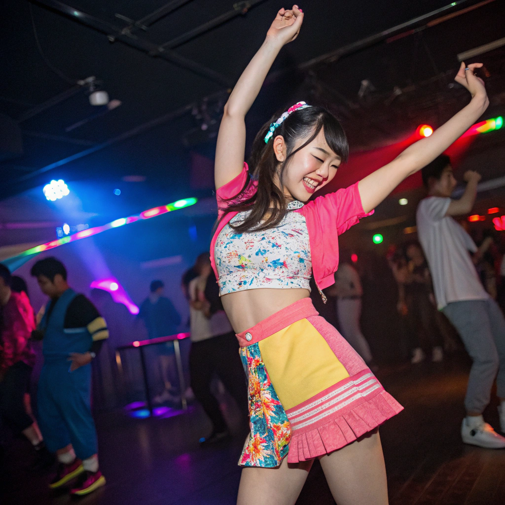 AI generated image by FLUX.1-schnell: japaneses girl dancing in night club