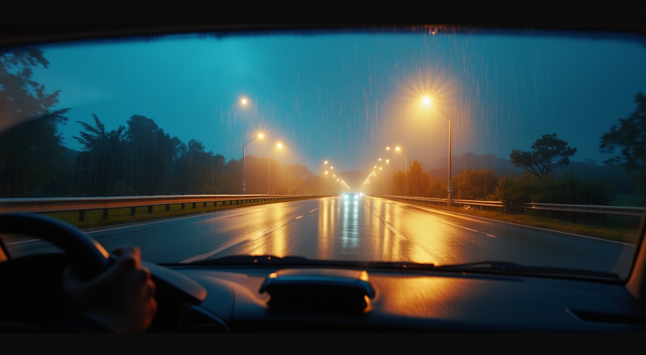 AI generated image by FLUX.1-pro: vista desde un parabrisa de auto andando a toda velocidad en la carretera de noche lluviosa