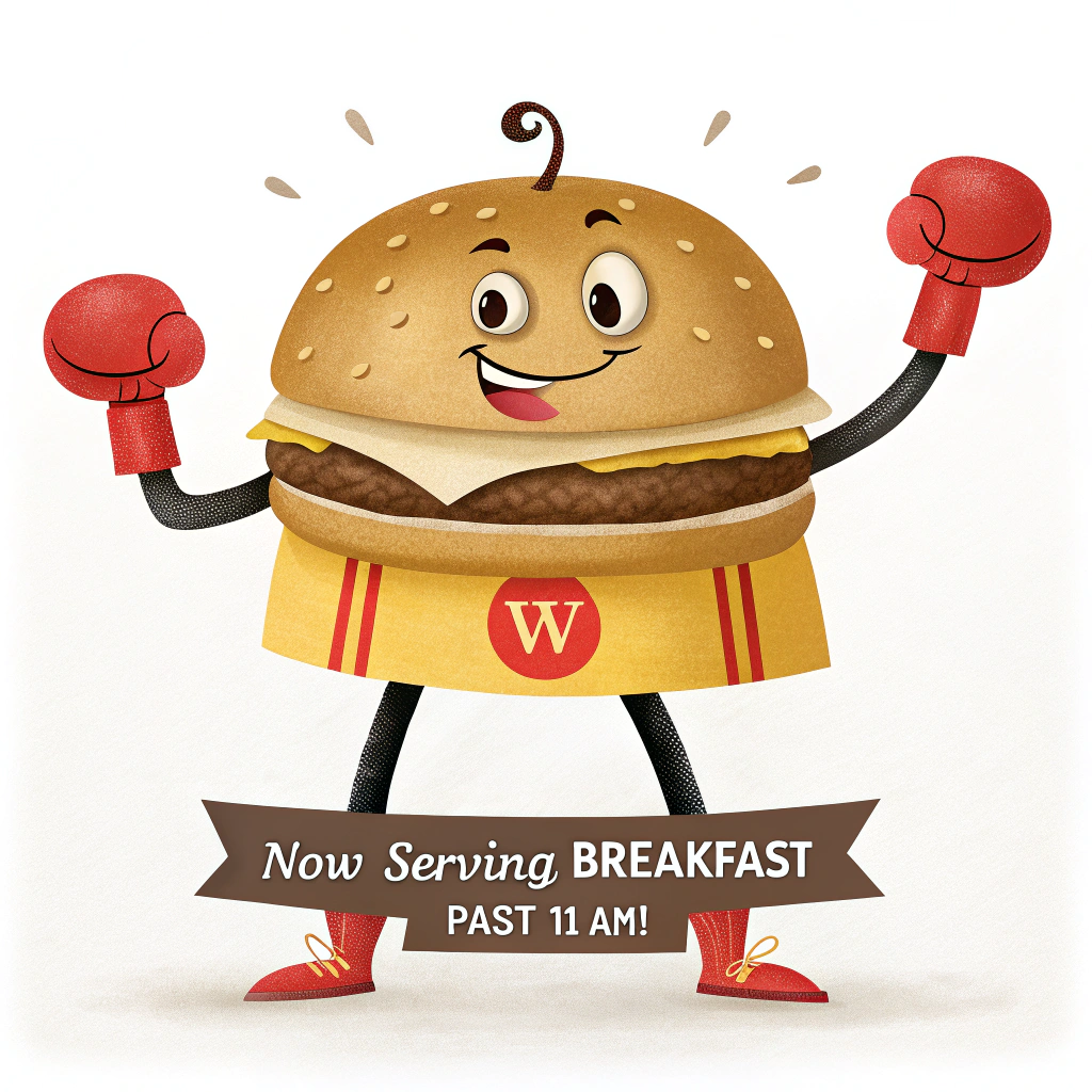 AI generated image by Red Panda AI: smiling cheeseburger in the style of Mayor McCheese, looking straight ahead, with skinny black legs, and skinny black arms, wearing red boxing gloves, and wearing yellow shorts with a red stripe, as logo on a plain white background, there is a red letter "W" on the yellow shorts, There is a slogan that reads, "Now Serving Breakfast Past 11 AM!"