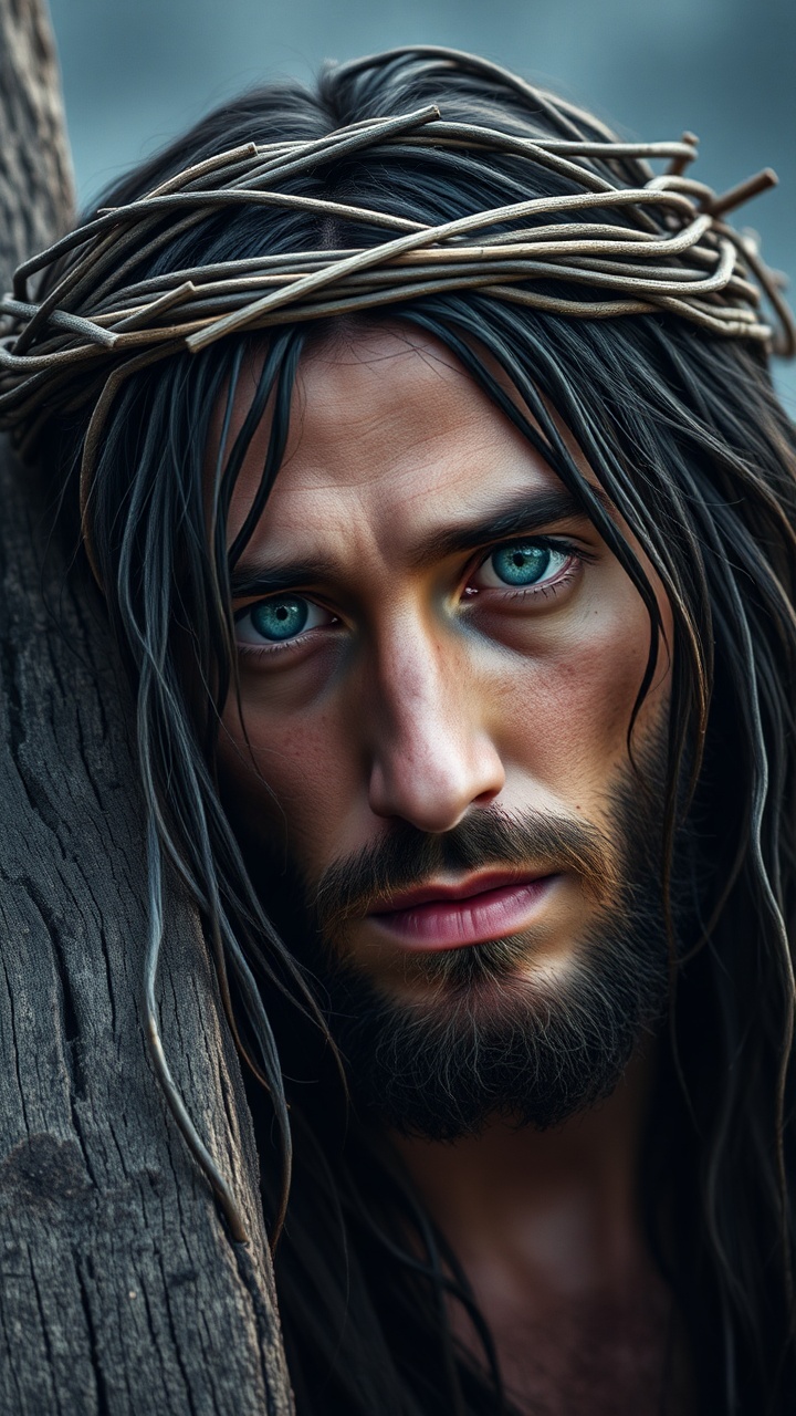 AI generated image by FLUX.1-schnell: Create a cinematic 9:16 video depicting a somber and reflective scene of Jesus, emphasizing his raw humanity and profound expression. Jesus is portrayed with striking, deep blue-green eyes filled with a mix of sorrow, compassion, and resilience, his gaze piercing and evocative. His long, wet, and disheveled dark brown hair falls across his face, glistening as though dampened by sweat or mist, adding an emotional rawness. His complexion is sun-kissed, with natural freckles and a slightly weathered look, marked by small dirt smudges that highlight his earthly struggles. The crown of thorns rests unevenly on his head, intricately woven from dry, jagged branches with sharp thorns casting subtle shadows across his forehead. His neatly trimmed beard frames his face, further emphasizing his intense expression. He leans slightly against a rough, weathered wooden beam, its texture coarse and splintered, hinting at a cross. The background is softly blurred, creating a muted, gray-blue tone that evokes a somber and ethereal atmosphere, with faint hints of an outdoor setting under a cloudy sky. The lighting is natural but subdued, with soft highlights illuminating his face and enhancing the reflective mood. This video captures the depth of his emotional and physical journey, focusing on a moment of profound vulnerability, creating a connection that feels timeless and deeply moving. Every detail, from the textures of the wood to the dampness of his hair, is vividly realized, immersing the viewer fully into this poignant scene.