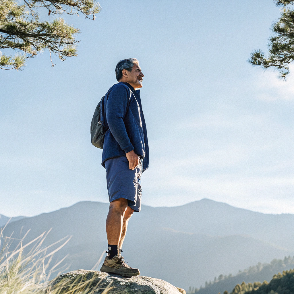 AI generated image by Red Panda AI: Wide-angle shot of a 45-year-old man with a slight smile and an athletic build. He is standing on a rock at the top of a mountain he has just climbed, looking out to the horizon, where other mountains covered in fog appear. Trees and native vegetation are still visible in the scene. The natural light of the late afternoon sun illuminates his face. The image was captured with a classic vintage Canon AE-1 camera and an 18mm lens, showing more of the landscape and its tranquil atmosphere, conveying a sense of accomplishment. The composition highlights the man, but also opens up the space, giving a cinematic feel with a vintage tone bathed in warm natural light, while the entire image is in warm gray tones.