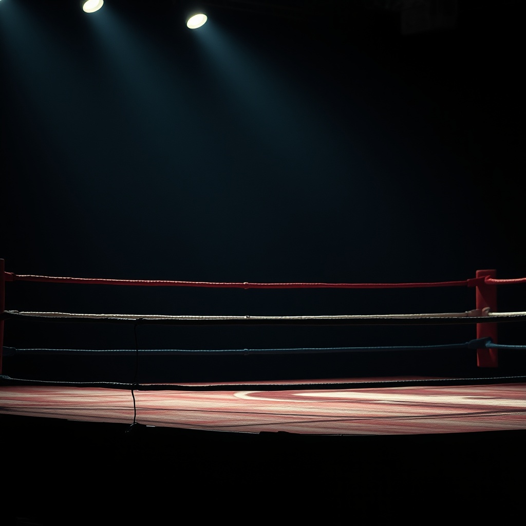 AI generated image by FLUX.1-schnell: in a boxing ring, little bit dark color
