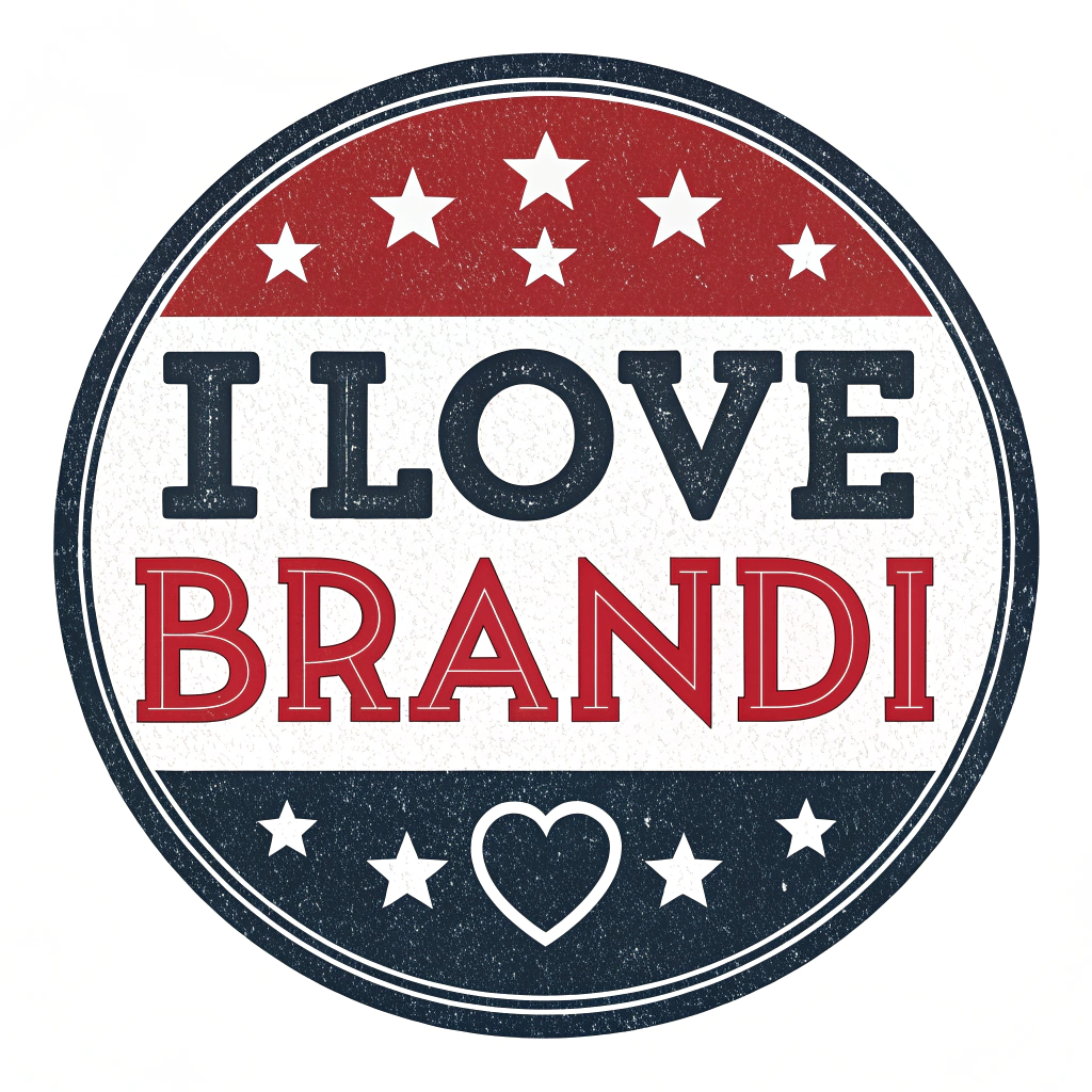 AI generated image by Red Panda AI: Circle logo, "I Love Brandi", on white background, red and white and black, only text, bold font, strong, western