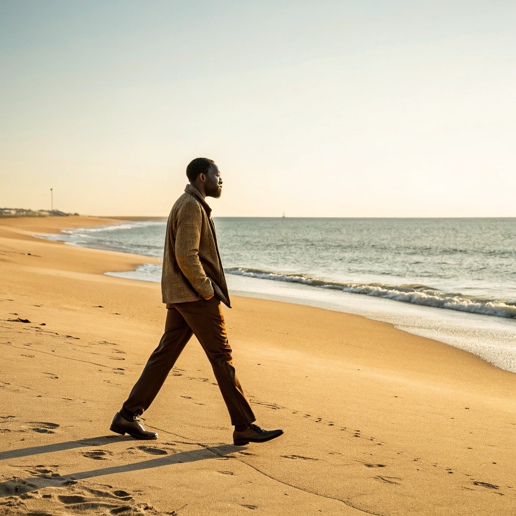 AI generated image by Red Panda AI:  um homem negro caminhando na praia