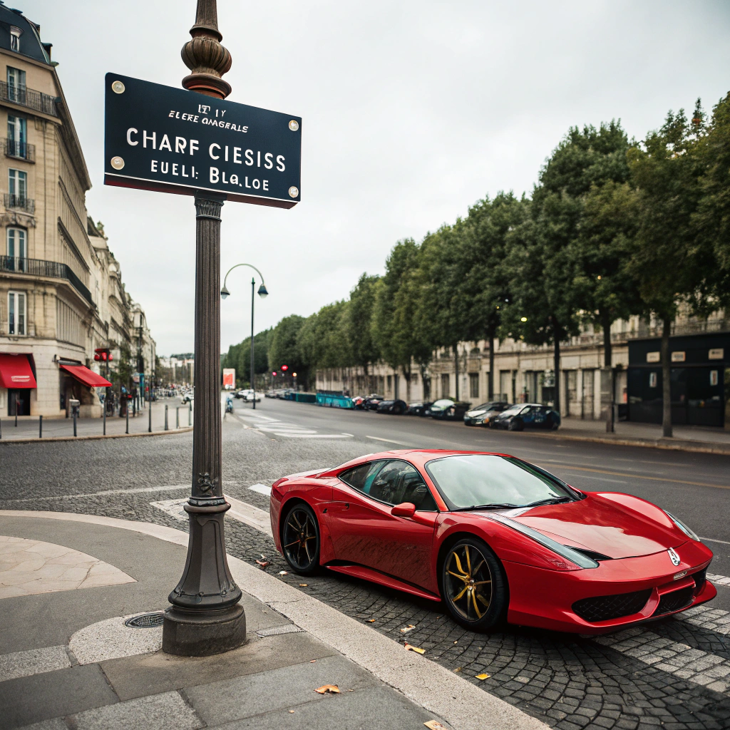 AI generated image by Red Panda AI: A Ferrari 911 is parked at an intersection. Next to the intersection is a road sign that says this is the Champs-Elysées.