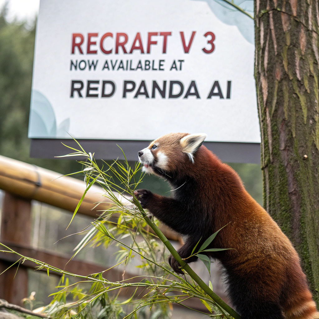 AI generated image by Red Panda AI: a red panda eating a bamboo in front of a poster that says "recraft V3 now available at red panda ai