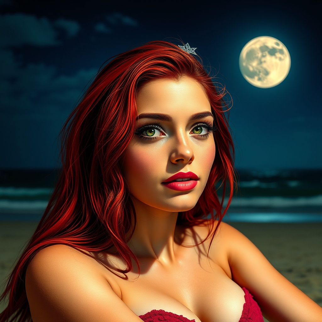 AI generated image by FLUX.1-schnell: Una chica guapa de cabello rubio y ojos verdes, con pendientes en las orejas y un pequeño piercing en la nariz, sentada en la playa con la luna llena brillante en el fondo del cielo nocturno