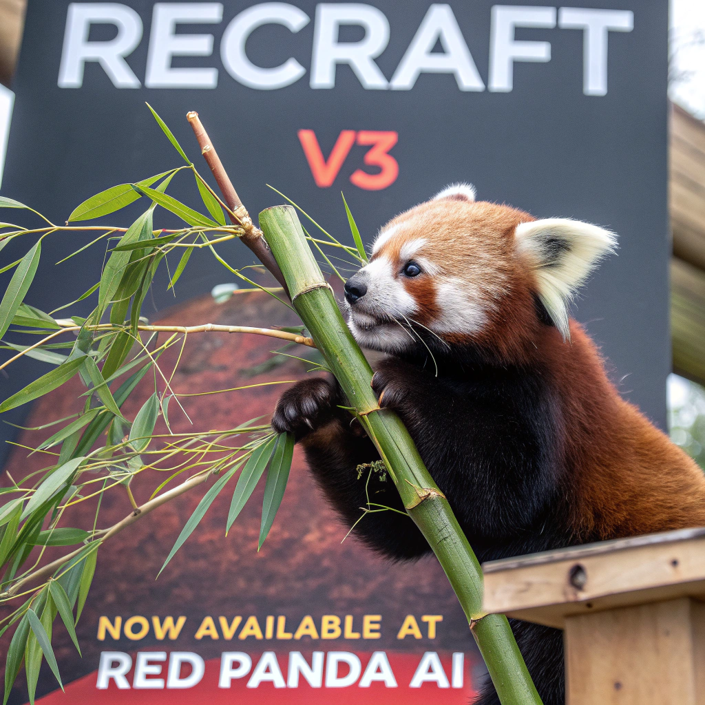 AI generated image by Red Panda AI: a red panda eating a bamboo in front of a poster that says "recraft V3 now available at red panda ai