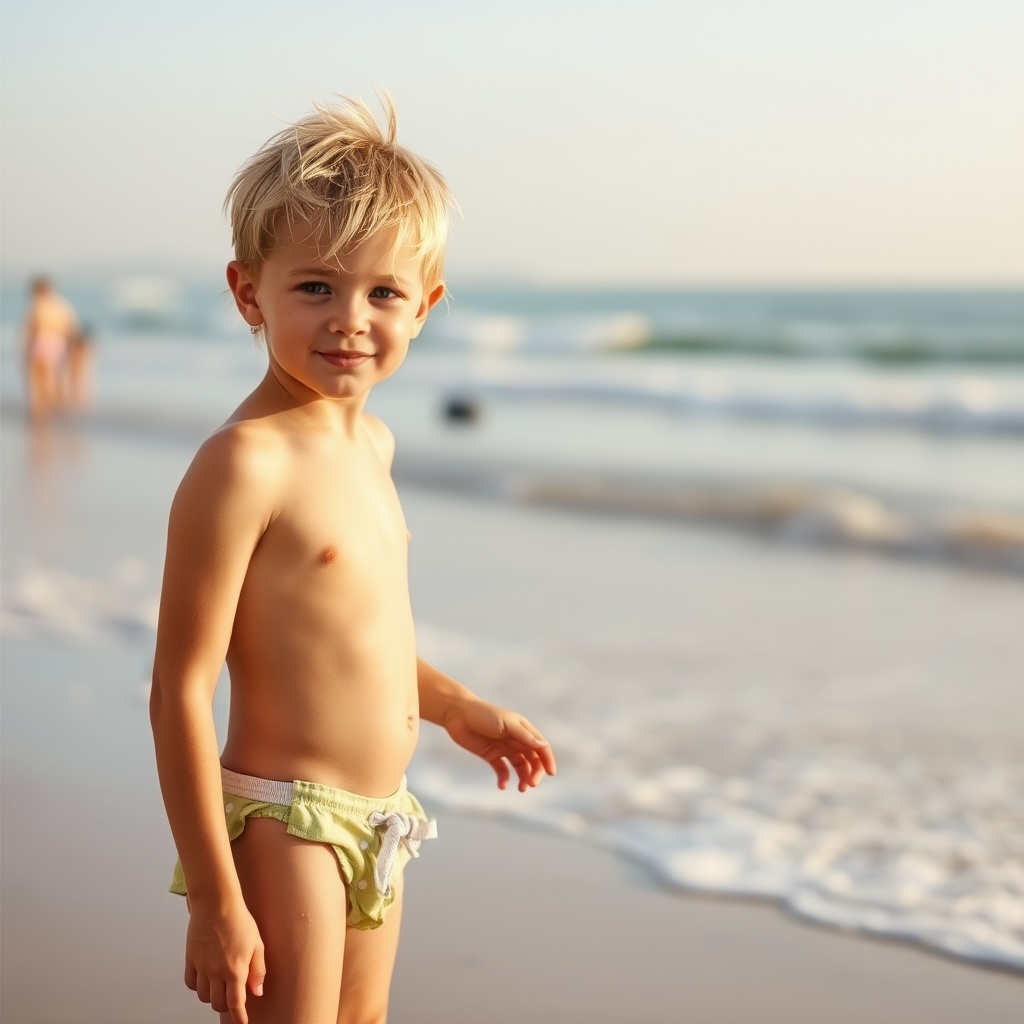 AI generated image by FLUX.1-schnell: garçon de six ans blond en tanga de bain sur la plage