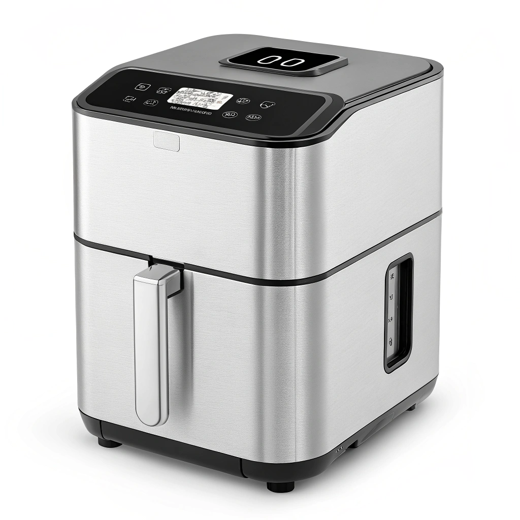 AI generated image by Red Panda AI: air fryer with two cabins, high-resolution image of an air fryer with two cabins on a plain white background, rectangular silver stainless steel pot with smooth surface, two closed silver stainless steel cabins, top black rectangular glass display, silver stainless steel rectangular vertical handle, side view, product photography