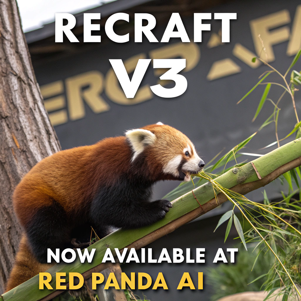 AI generated image by Red Panda AI: a red panda eating a bamboo in front of a poster that says "recraft V3 now available at red panda ai