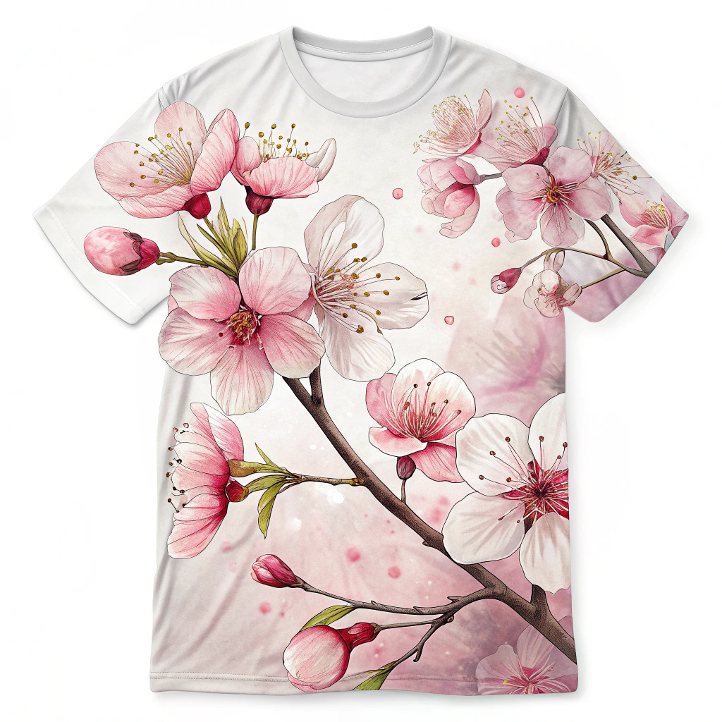 AI generated image by Red Panda AI: soy diseñadora de moda y necesito crear un estampado para camisa o camiseta en los tonos de la flor del cerezo