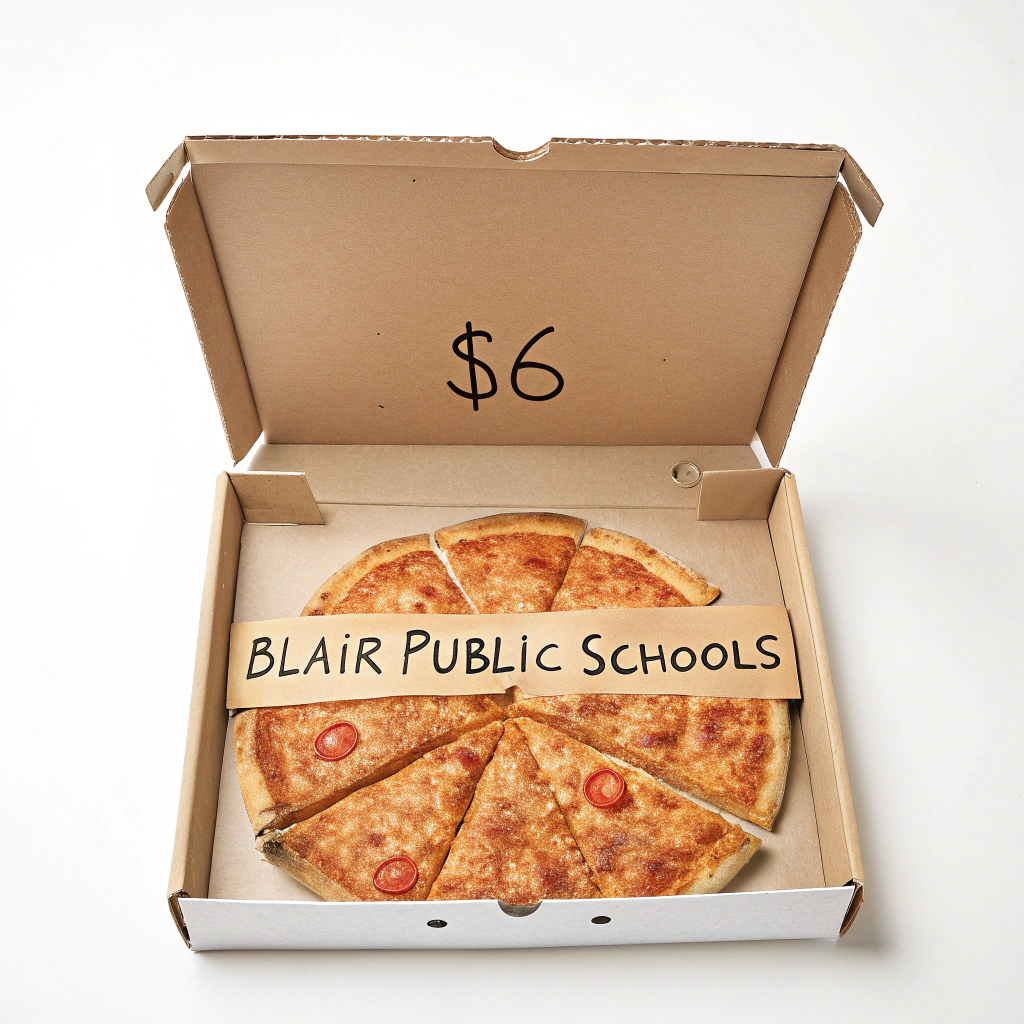 AI generated image by Red Panda AI: image of a pizza in a box with 11 slices visible. In place of slice #12 is the hand-written text: "$6".  The name of the pizza restaurant is "Blair Public Schools"