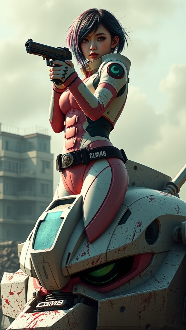 AI generated image by FLUX.1-schnell: Masterpiece full body of a Real Man,Virtual reality, skin like a real person , Best Quality,Beauty, full body image,War Cinematography , best shadows best illustrations Wallpaper size 1080×2400 px Detailed A realistic sci-fi image, similar to Hollywood movies. Full-length image of a Southeast Thai woman 14 years old very very big breasts, big breasts, short hair, dark pink and blue hair, white skin, she is shooting a Glock-19 Gun forward , . her face looking straight ahead but her eyes looking to the right. Her face shows an indifferent but powerful expression on her face. There is a long blood-streaked map. She is wearing a modern but retro robot costume in light green and pink color with the logos green text of "CGM48" on the green back ground path, on the costume. She is standing on the damaged head of a large robot (only the robot's feet are visible). Low-key lighting gives an apocalyptic feel. The background is a collapsed building with billowing smoke. GUNDAM image. there are some Star destroyer space ship on the sky.