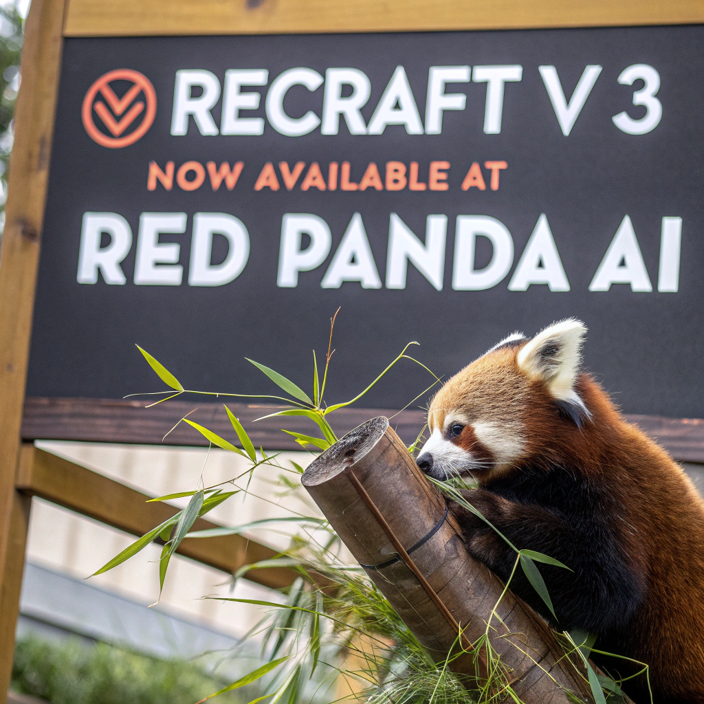 AI generated image by Red Panda AI: a red panda eating a bamboo in front of a poster that says "recraft V3 now available at red panda ai