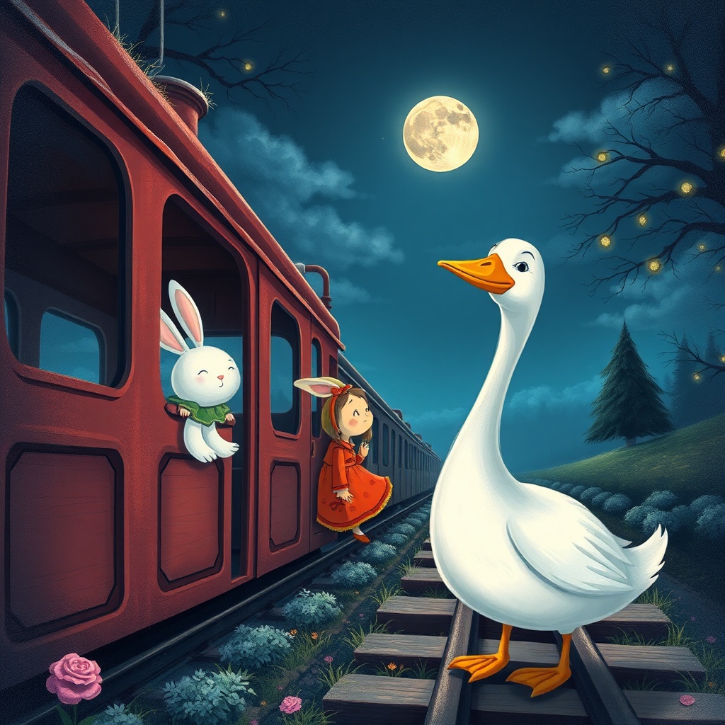 AI generated image by FLUX.1-schnell: Goose in goose and rabbit-girl in the train, moon, cartoons, romantic atmosphere