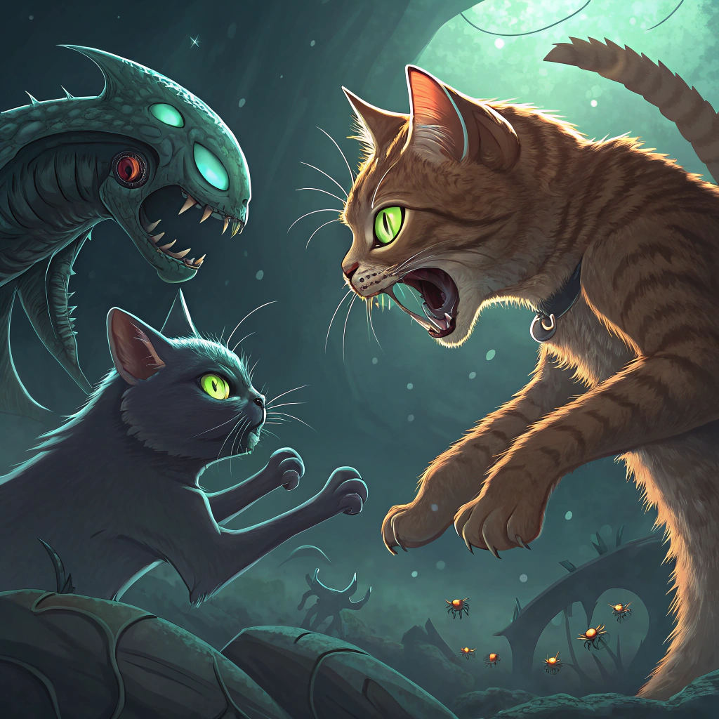 AI generated image by Red Panda AI: cats fighting aliens