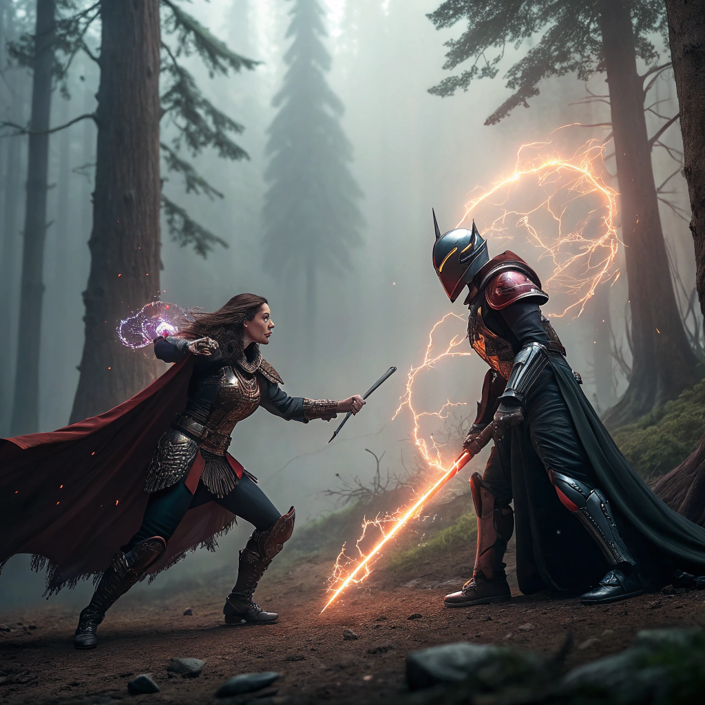 AI generated image by FLUX.1-schnell: Redwood Bio-Wizard fights evil sorceress. Cinematic still photography. --chaos 21 --ar 2:3 --personalize erkom33 --stylize 750 --v 6.1