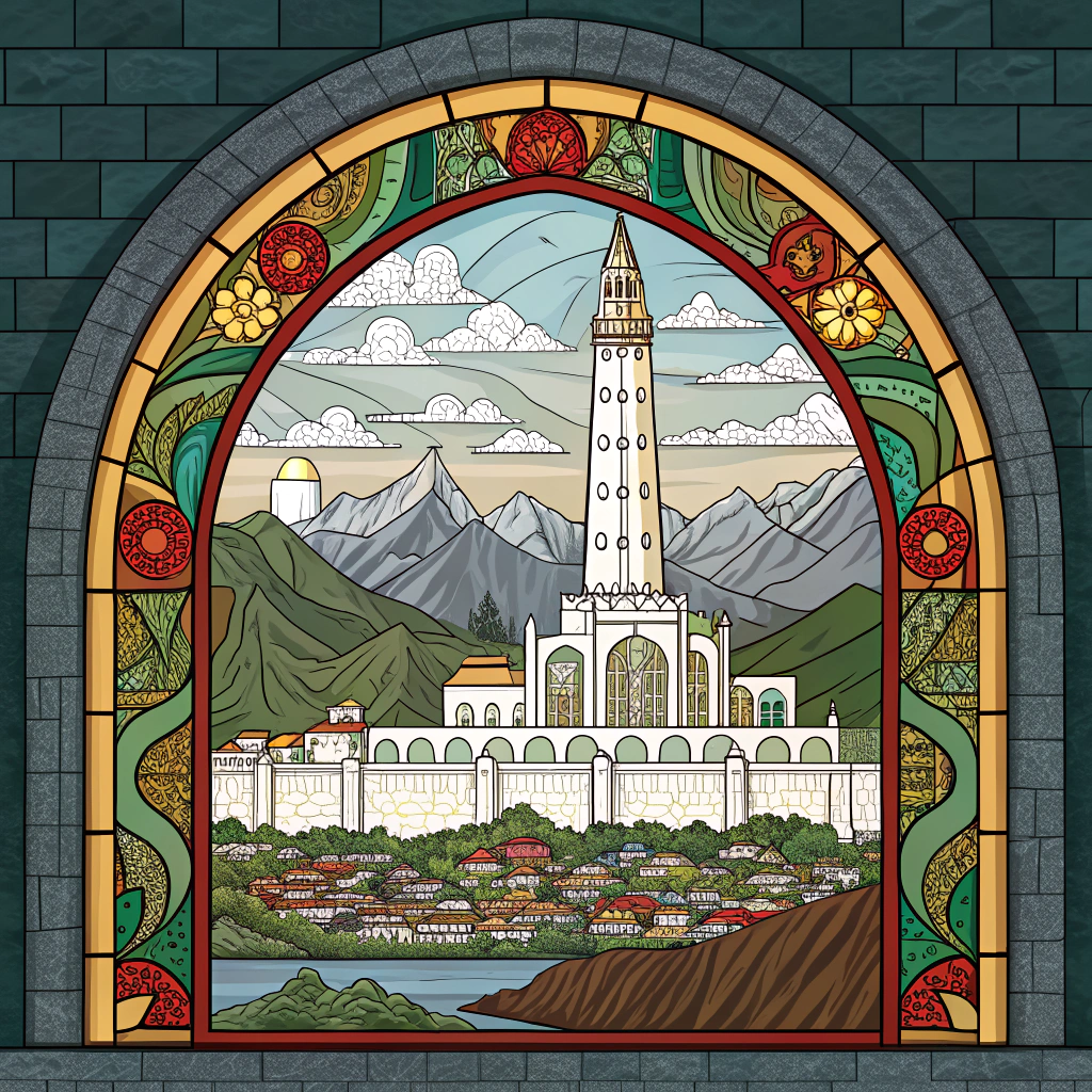 AI generated image by Red Panda AI: Stained glass window of Minas Tirith